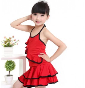 Black red slip backless sleeveless girls kids children toddlers gymnastics latin salsa cha cha dance dresses set 